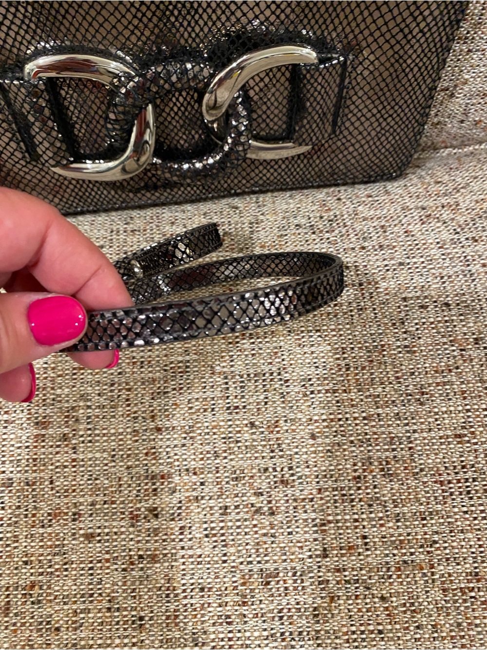 Vintage Brand New MK Black Metallic Snakeskin-Effect Clutch with Silver Buckle - Picture 13 of 16